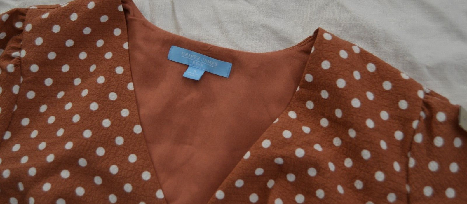 DRAPER JAMES Empire Waist Lined Dress BROWN/WHITE Polka Dots Size S Vtg Kohl’s