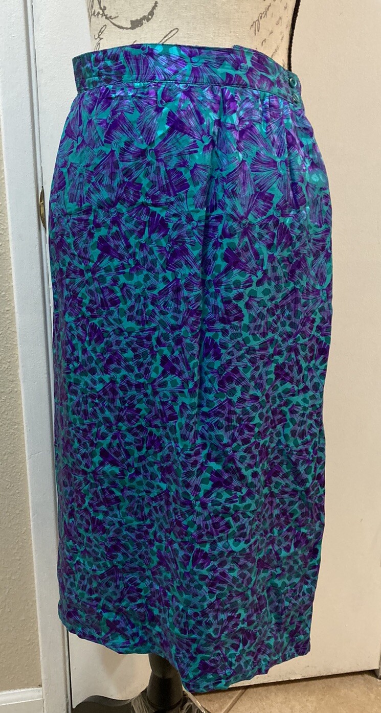 NORA NOH Asymmetric Blouse Maxi Skirt Set 100% Silk Jewel Green Purple Vtg 14