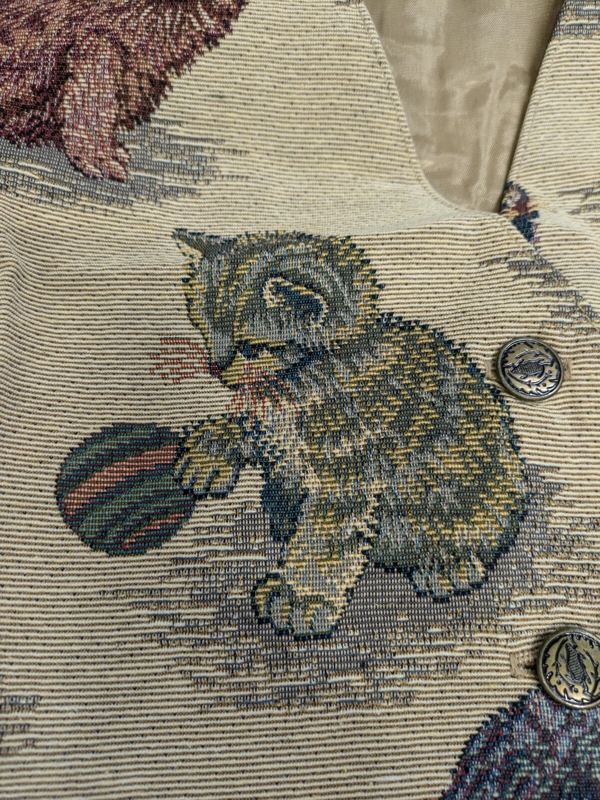 Vintage Nadia Embroidered KITTY CATS Tapestry Women’s XL Grandmacore Vest NEW v1