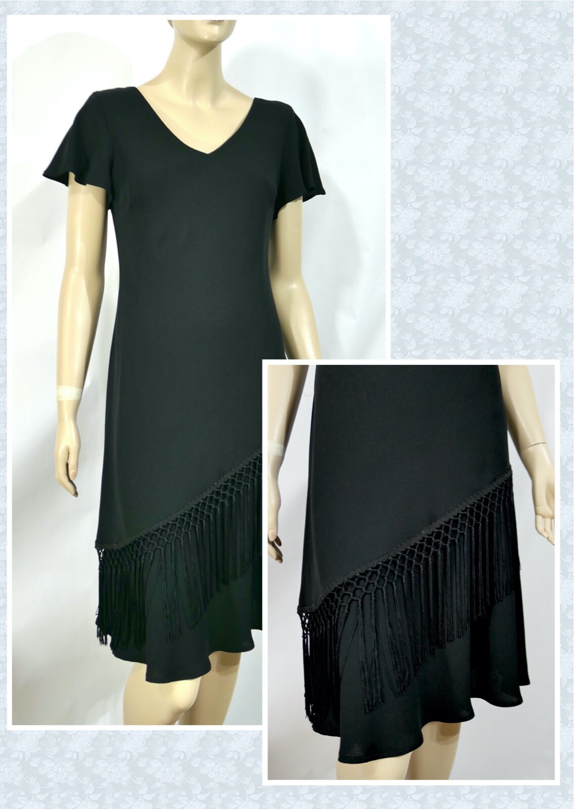 Vintage 80s SL Fashions Flapper Sheath Pencil Dress Flutter Sleeve V Neck S/M