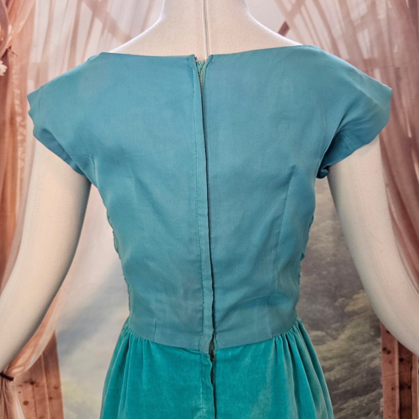 Vintage 1950s Dress Jay Herbert California Teal Ruched Draped Cocktail Formal