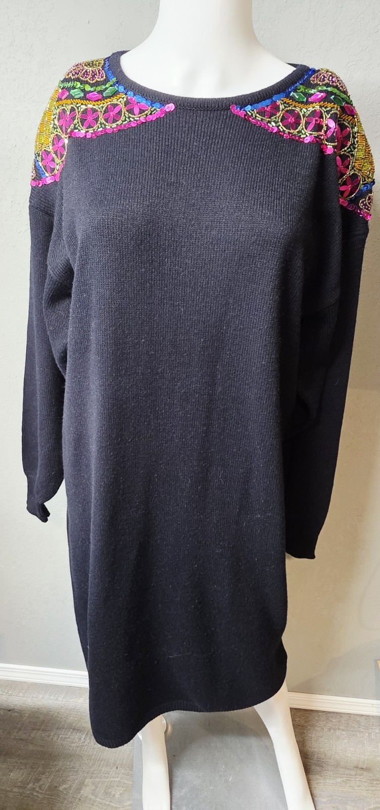 VINTAGE R&K Originals 1980s RETRO Sweater Dress Black Embellished Sequins Sz L