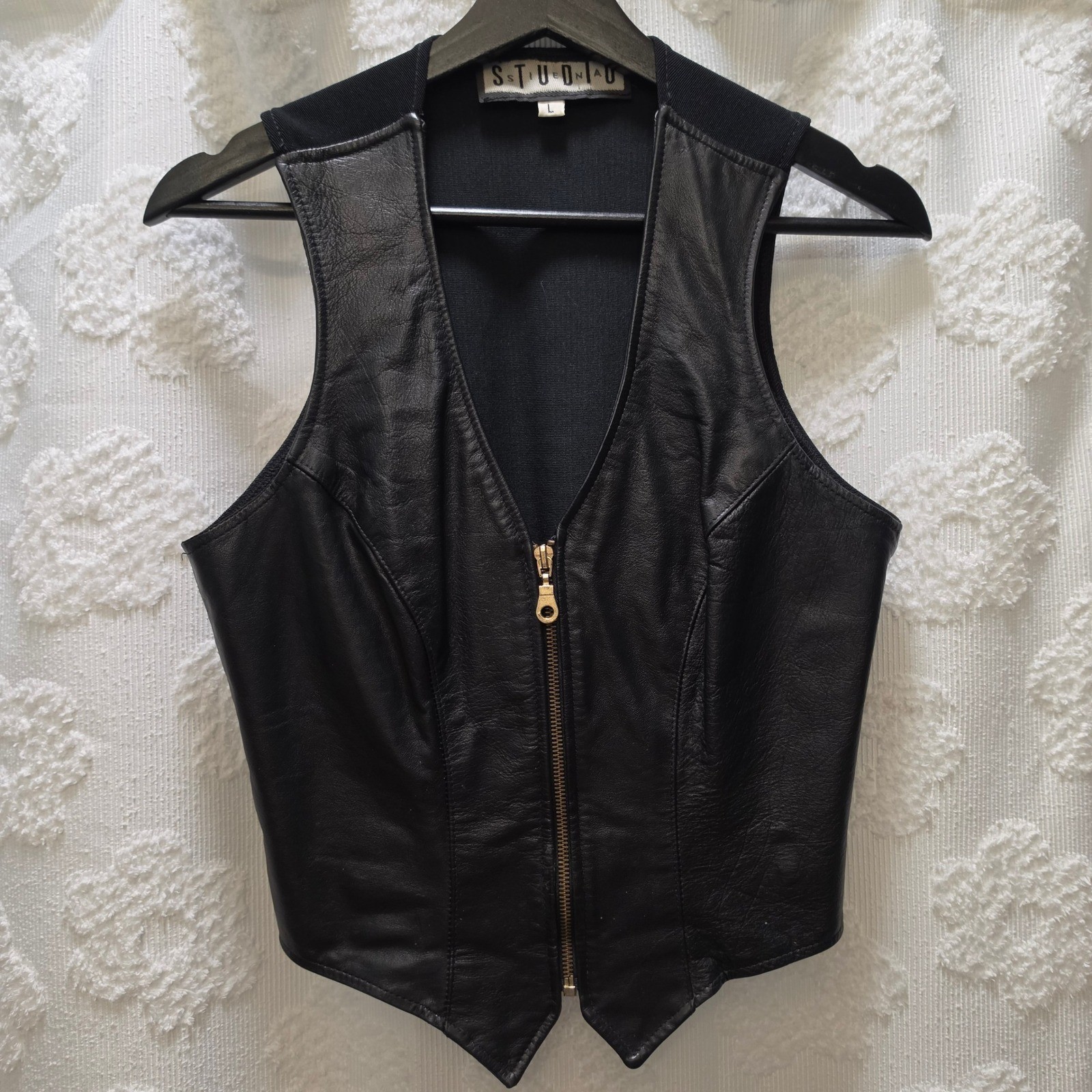 Studio Siena Womens Vintage Black Leather Zip Front Crop Vest Large Made in USA