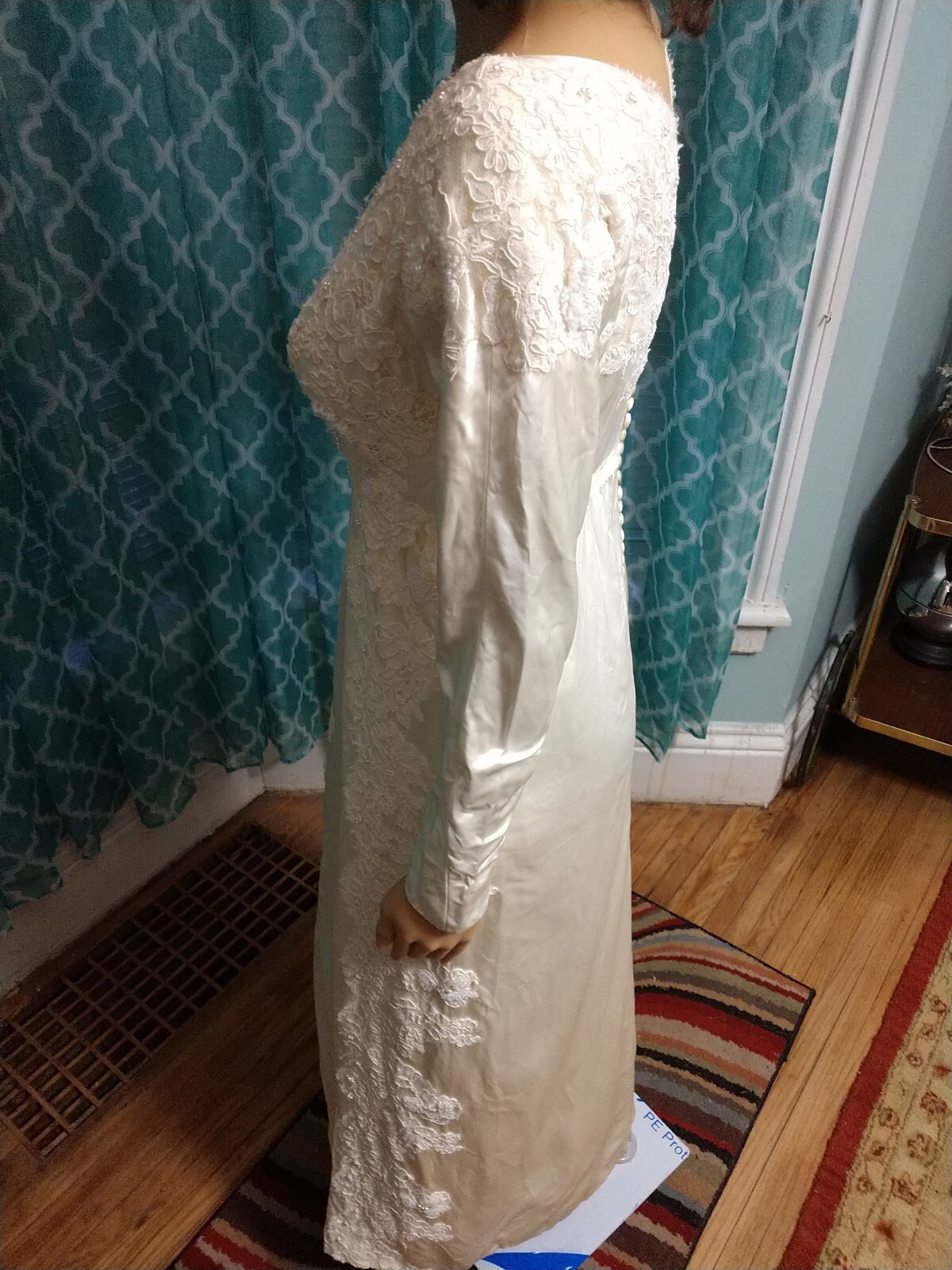 Vintage 1960’s Juliet champagne Satin Wedding gown Long Sleeves Empire waist