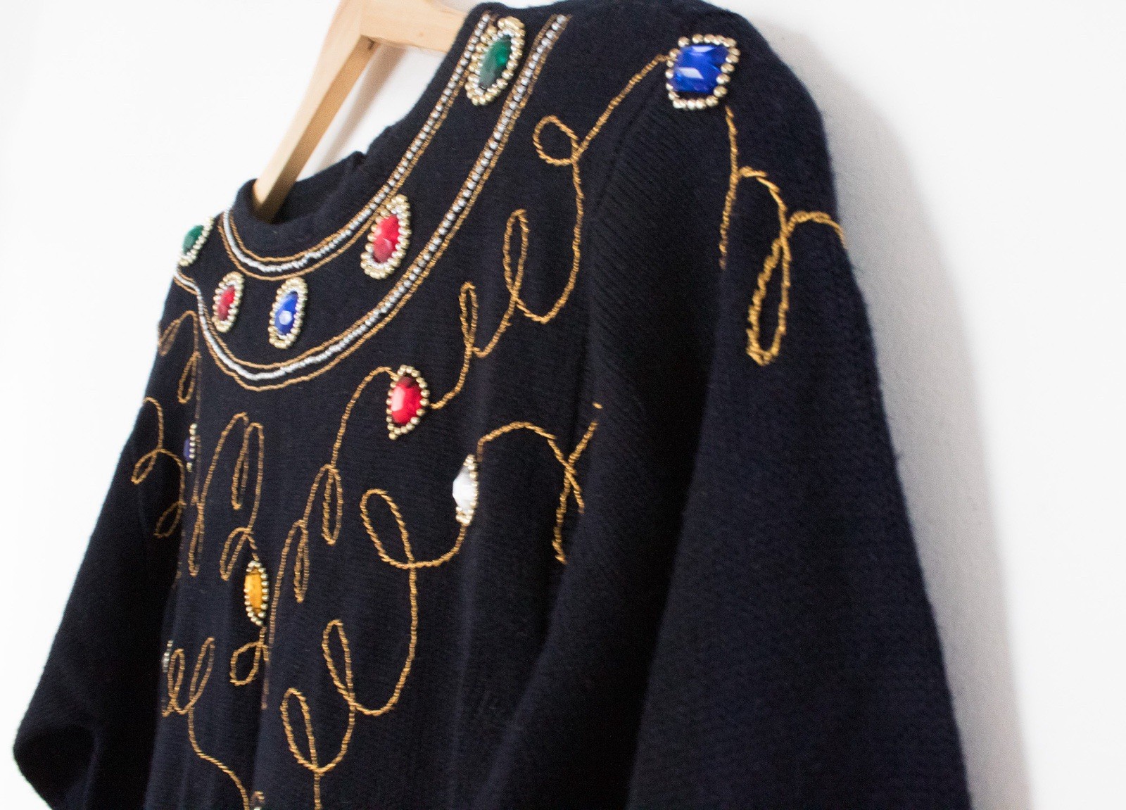Darian | Vintage 80’s Black Jeweled Long Sleeved Sweater Dress | Size Medium