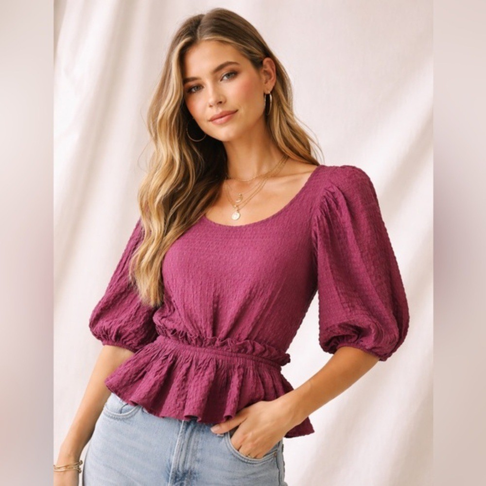 Free People Plum Textured Puff Sleeve Tie Back Peplum Top Size M
