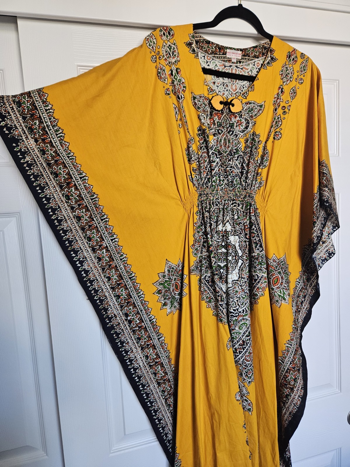 Vtg Thai Cotton Vibrant Yellow Printed Ethnic Asian Maxi Dress Kaftan XS