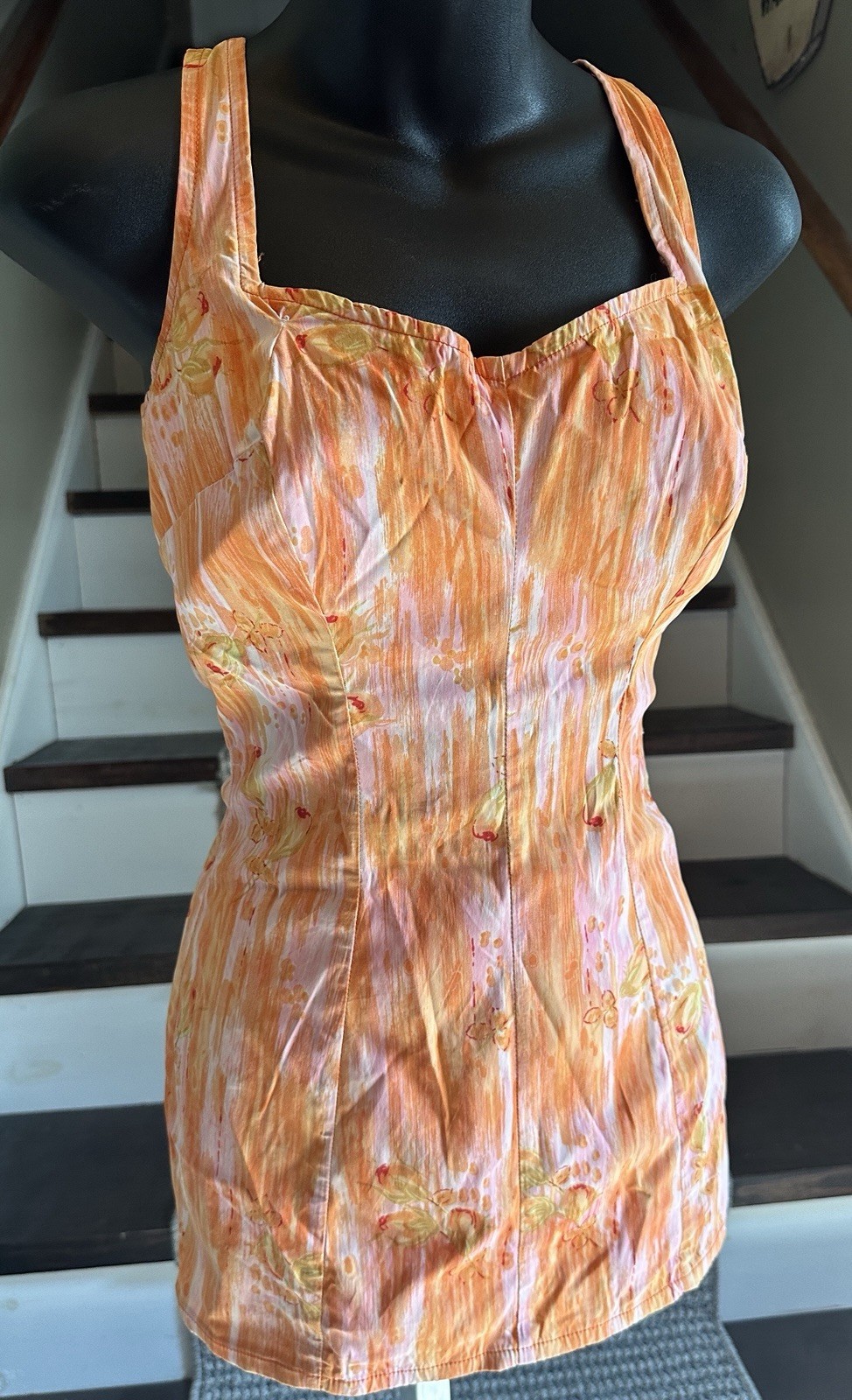 Vintage 50s Sea Lure Orange Watercolor Pin Up Bathing Swim dress Suit 16 38 Bust