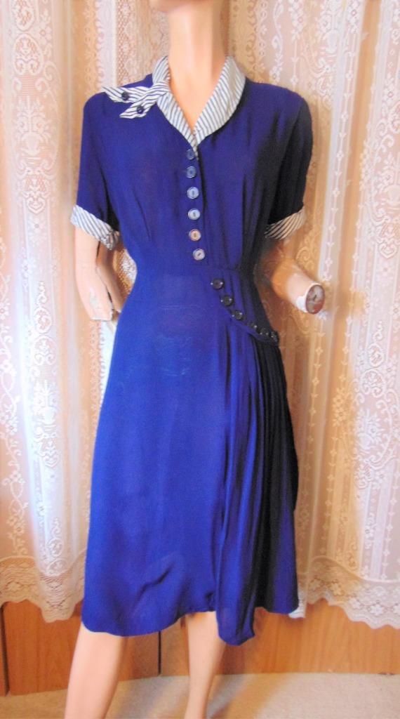 VTG 1940s Blue Semi Sheer Rayon Crepe Swing Dress Side Drape 39/32/40
