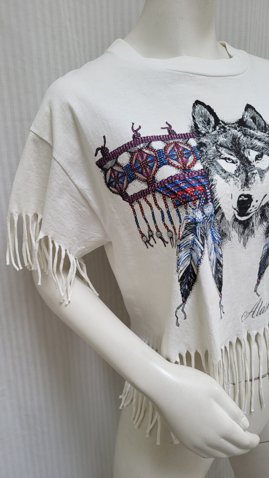 Vtg 80’s Native American Wolf Glitter Feather Alaska Fringe T Shirt – Sz M/L *B6
