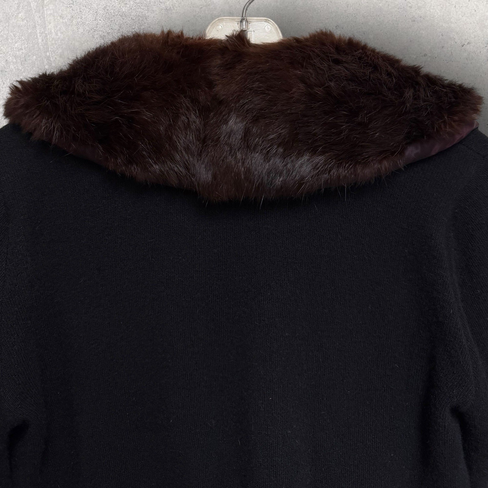 Vtg 50’s Du Pont Orlon Black Cardigan REAL MINK FUR Collar & Pearl Buttons S/M