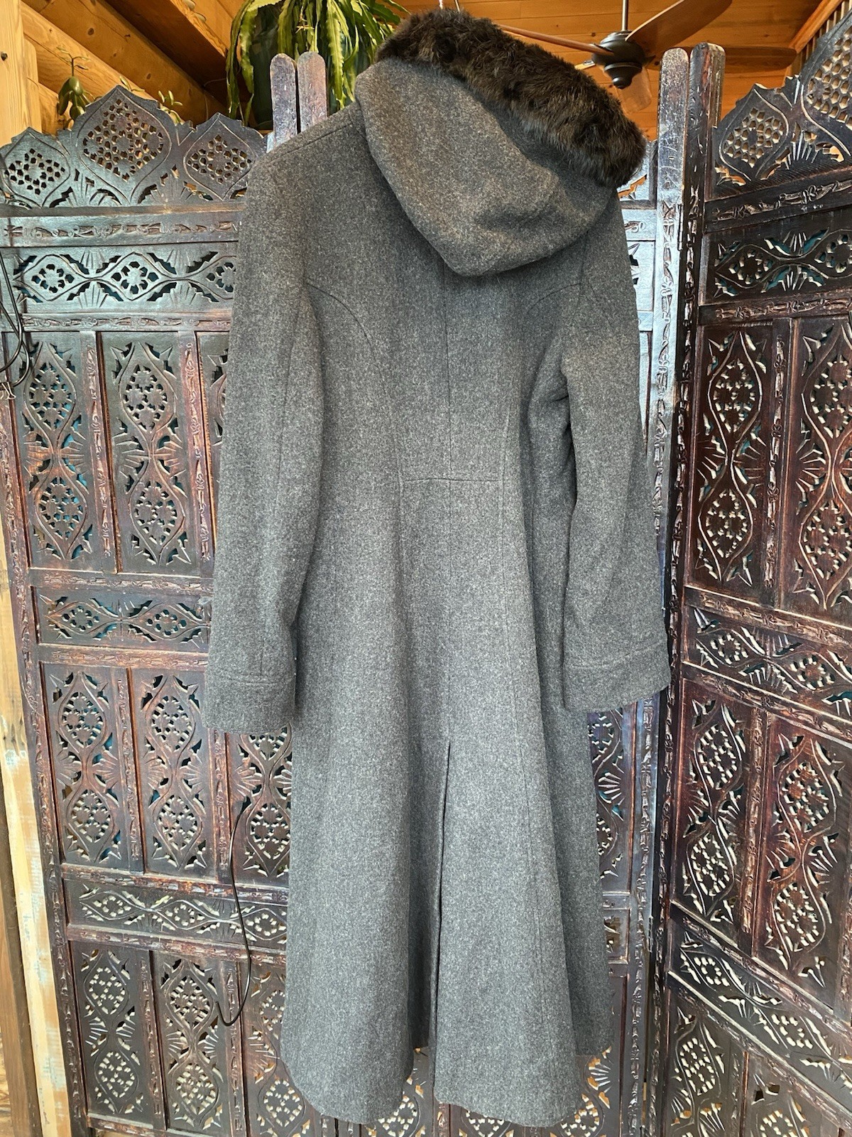 VTG Donnybrook 100% Wool Gray Maxi Coat Womens M Hooded Real Fur Opera