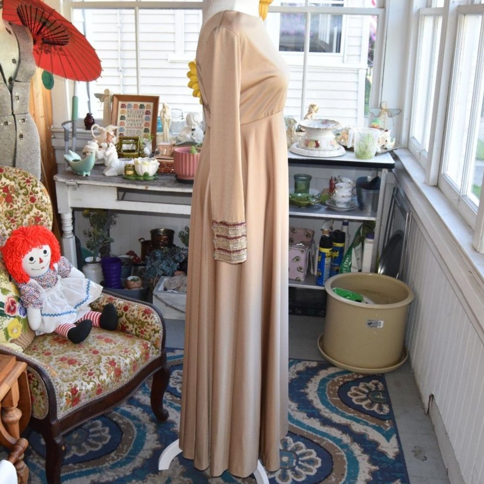 Vintage 70s Kay Kipps Hostess Gown Champagne Maxi Dress Scoop Back Size Small