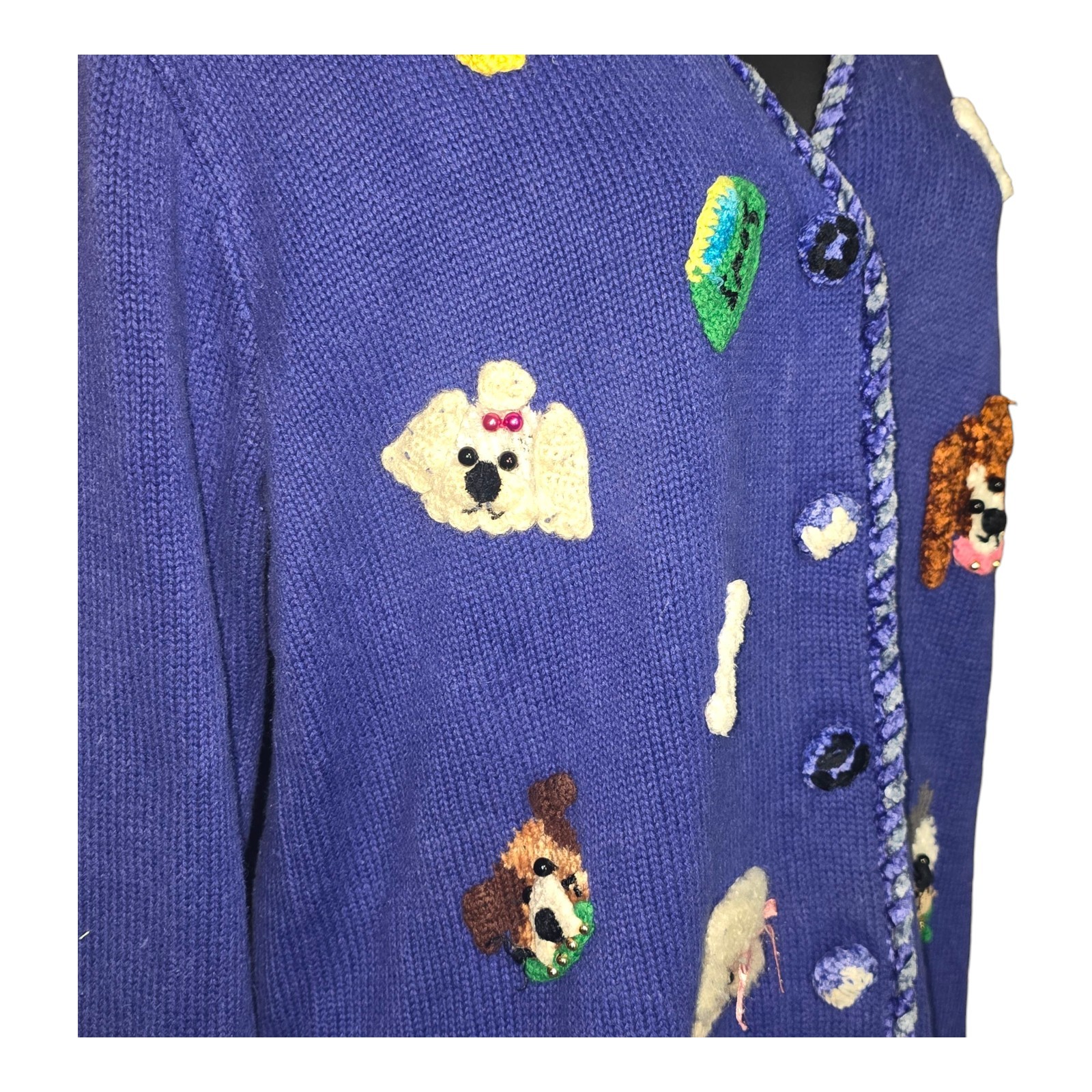 VTG Jack B Quick Dog Cardigan Royal Blue Bones Paws Bowls SZ MD Buttons Ruff Pup