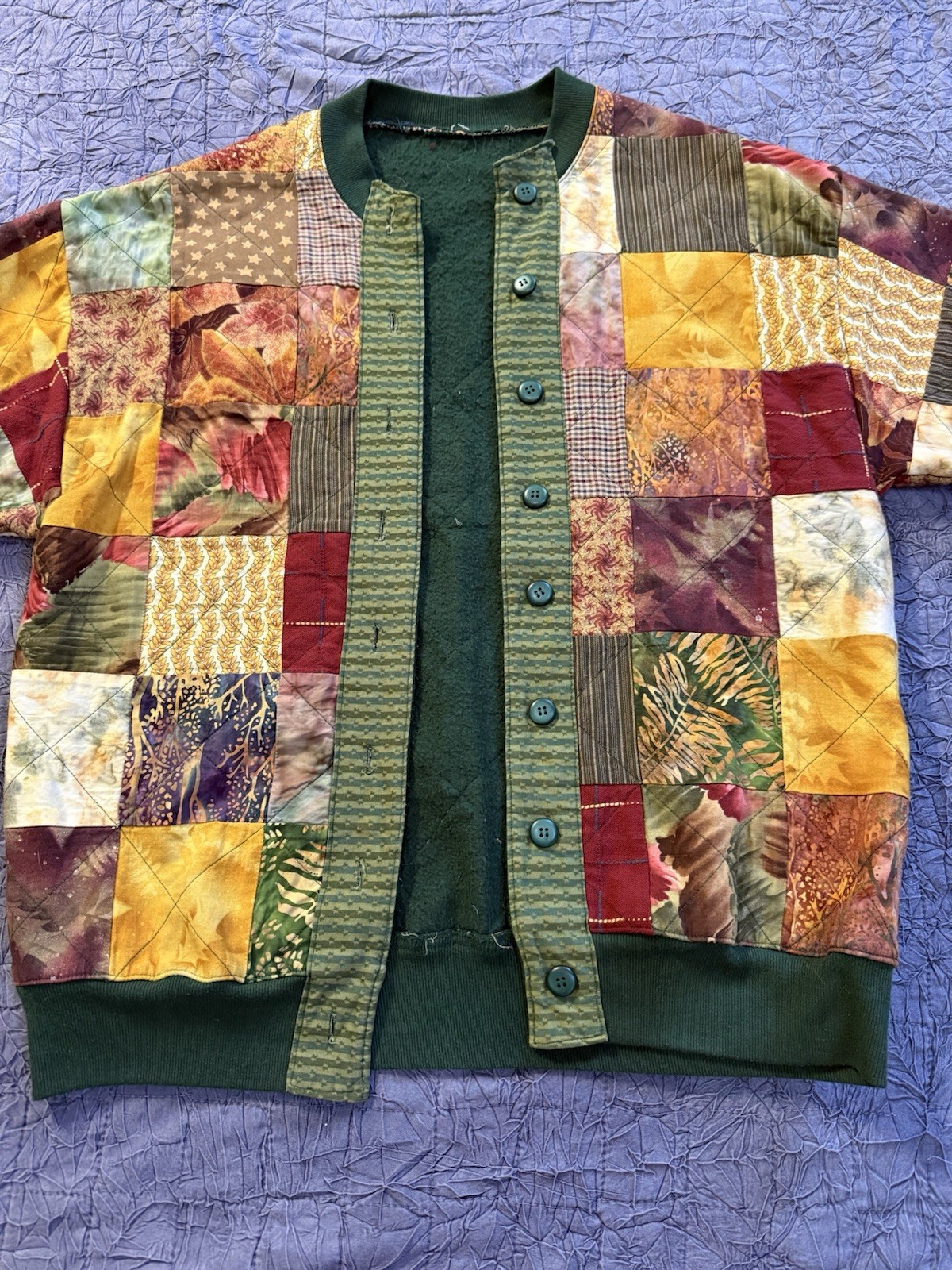 Vtg Handmade Quilted Patchwork Jacket Fleece Lined Boho Fall Grandma-Core XL EUC