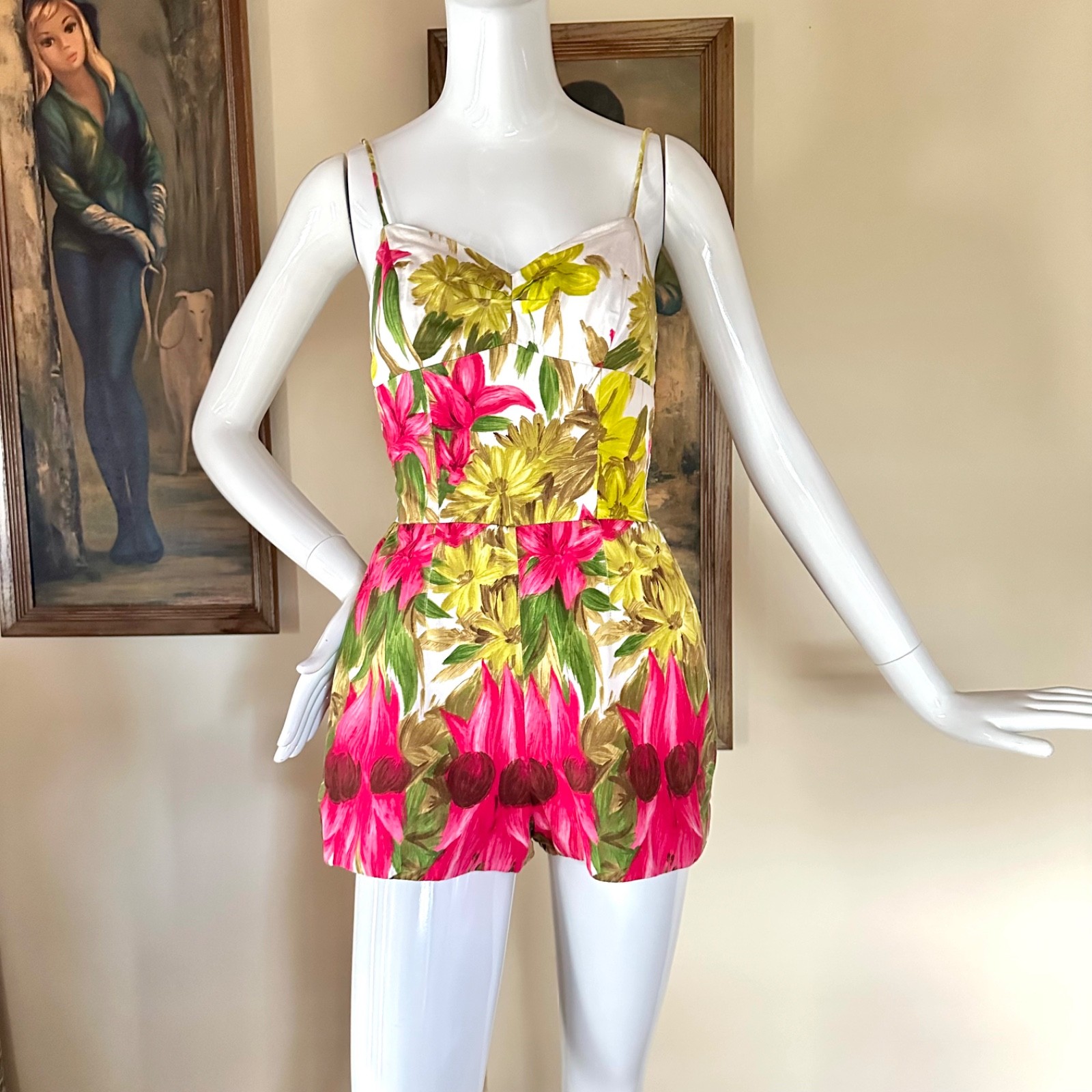 Vintage 1950s Kahala Electric Floral Hawaiian Pin-up Swimsuit Playsuit Romper S