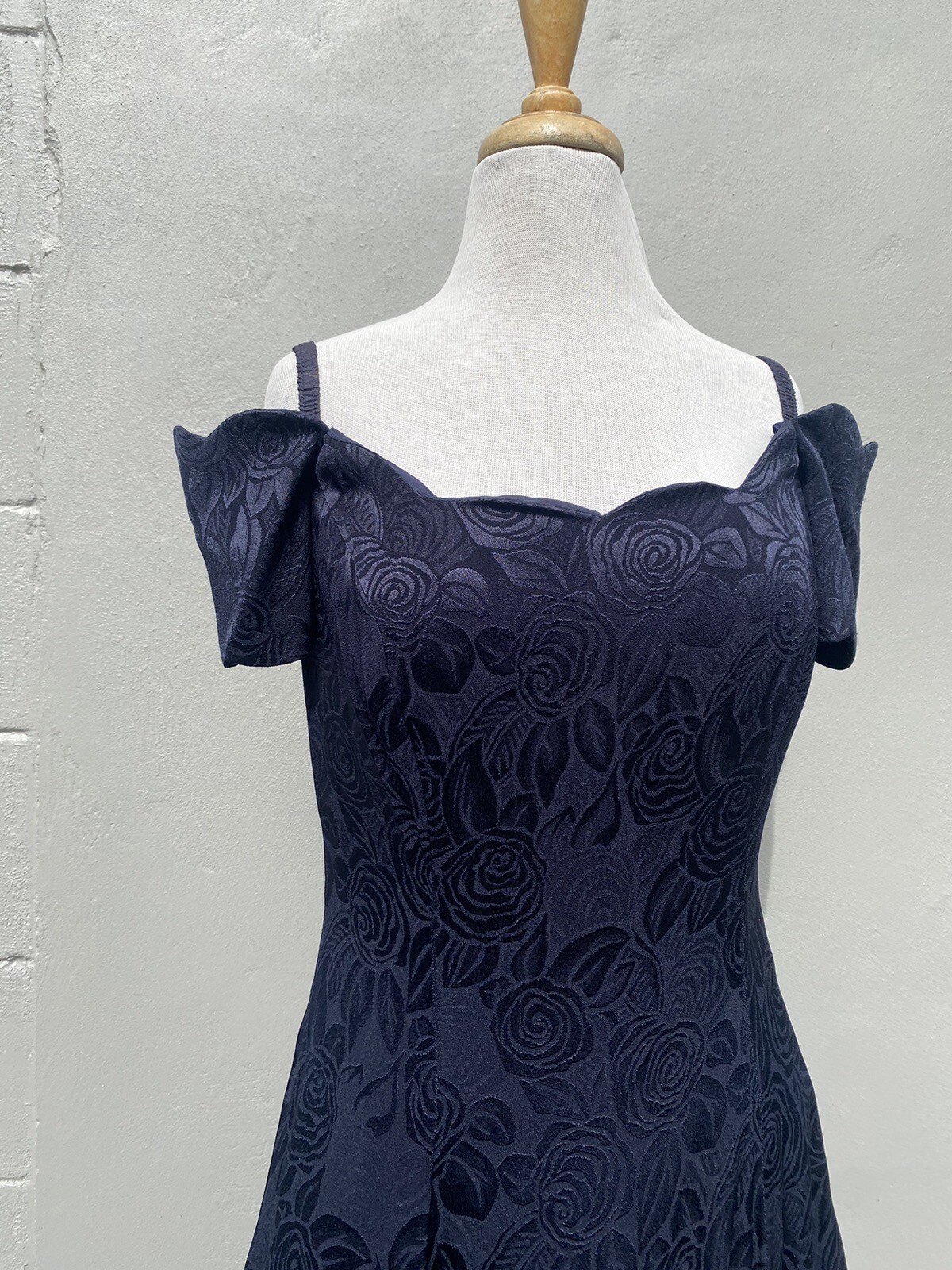 Vtg Hollywood Nites Blue Brocade Floral Formal Dress Midi Sz 14 Crinoline 90s