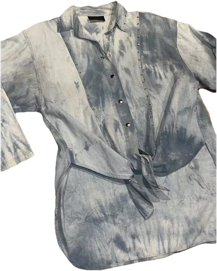 90s WESTERN SHIRT DOLLY PARTON Nashville Chambray TIE Front Silver Snap XL Women