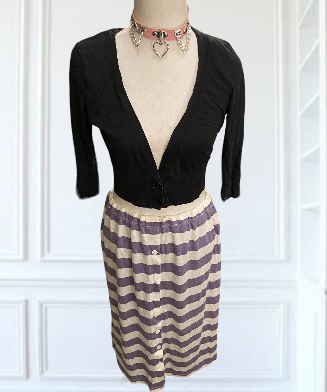 Vintage Skirt Midi 80s Low Waist Striped Cotton Jersey Indie Soft Girl Gen Z M