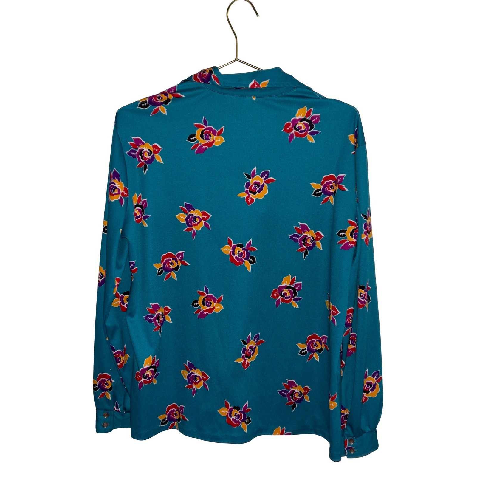 Vintage Teal Floral ButtonUp Blouse LongSleeve Retro Rose Print Top Size P2P 25″