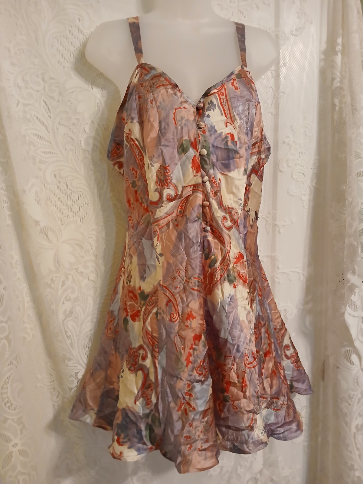Vintage Intimates SILK Pastel Paisley Nighty Slip Dress Negligee Lingerie XL EUC