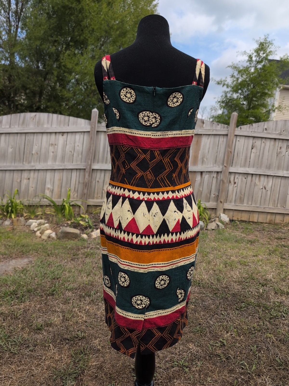 EUC VINTAGE ANDREA JOVINE LINEN SPAGHETTI STRAP SHEATH DRESS TRIBAL PRINT SIZE 4