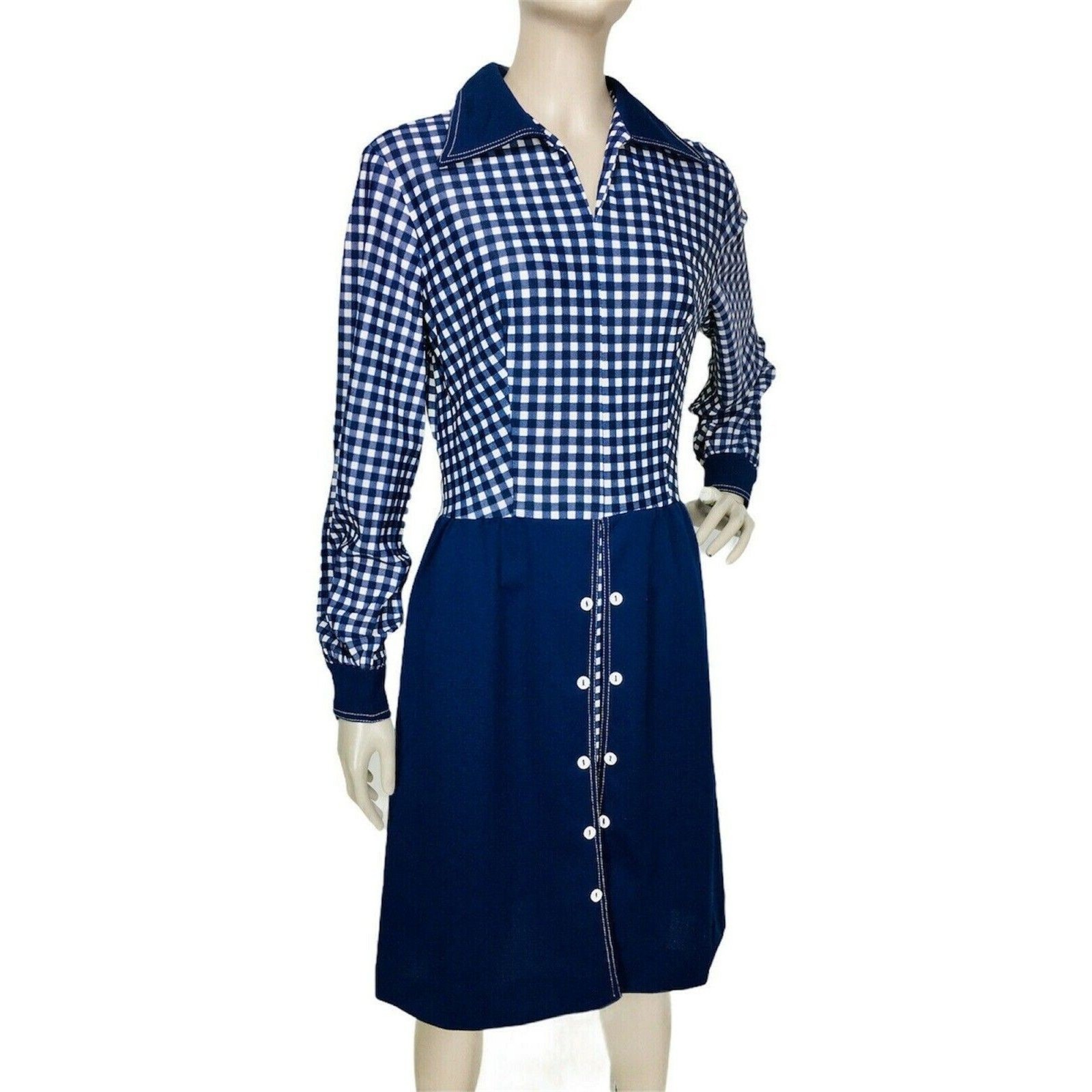 Vintage 60s MOD Academia Blue White Gingham Peekaboo A-Line Dagger Collar Dress