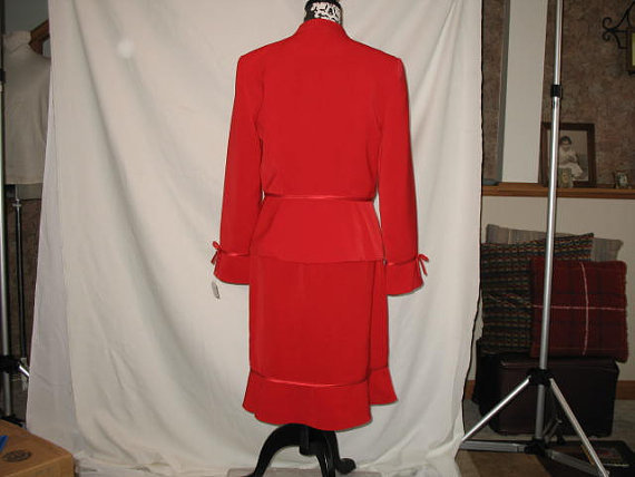 Vintage 1980’s Holiday Christmas Retro Edwardian Red Dress Jacket and Skirt