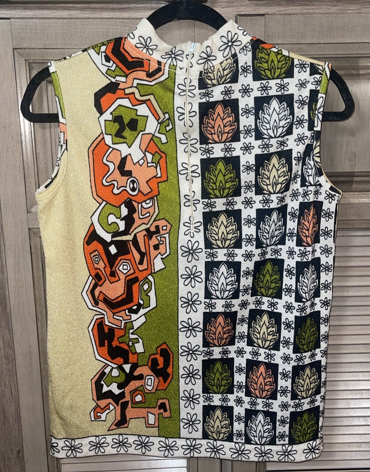 Vtg 60s-70s Donovan Galvani Of Dallas Abstract Colorful Sleeveless Top, Back Zip