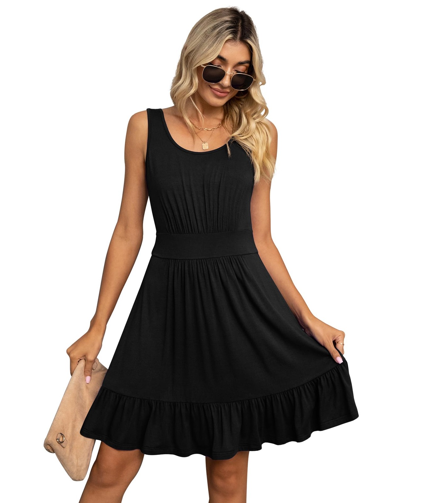 LILBETTER Women Summer Casual Short Cacual Dress U Neck Pleated Knee Length Tank