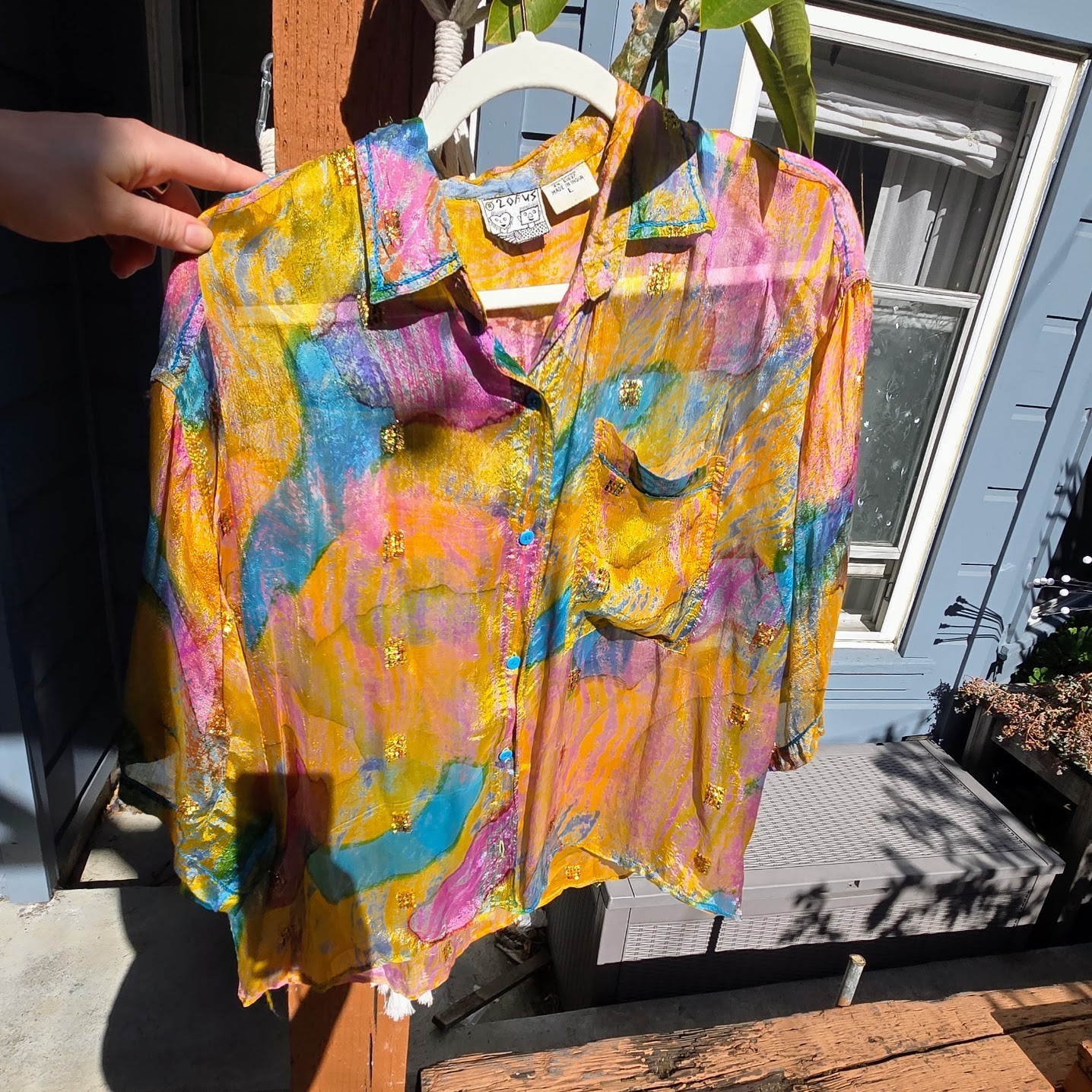 Vintage 90s 2 Of Us Sheer Rayon Abstract Blouse with Gold Accents -Size L