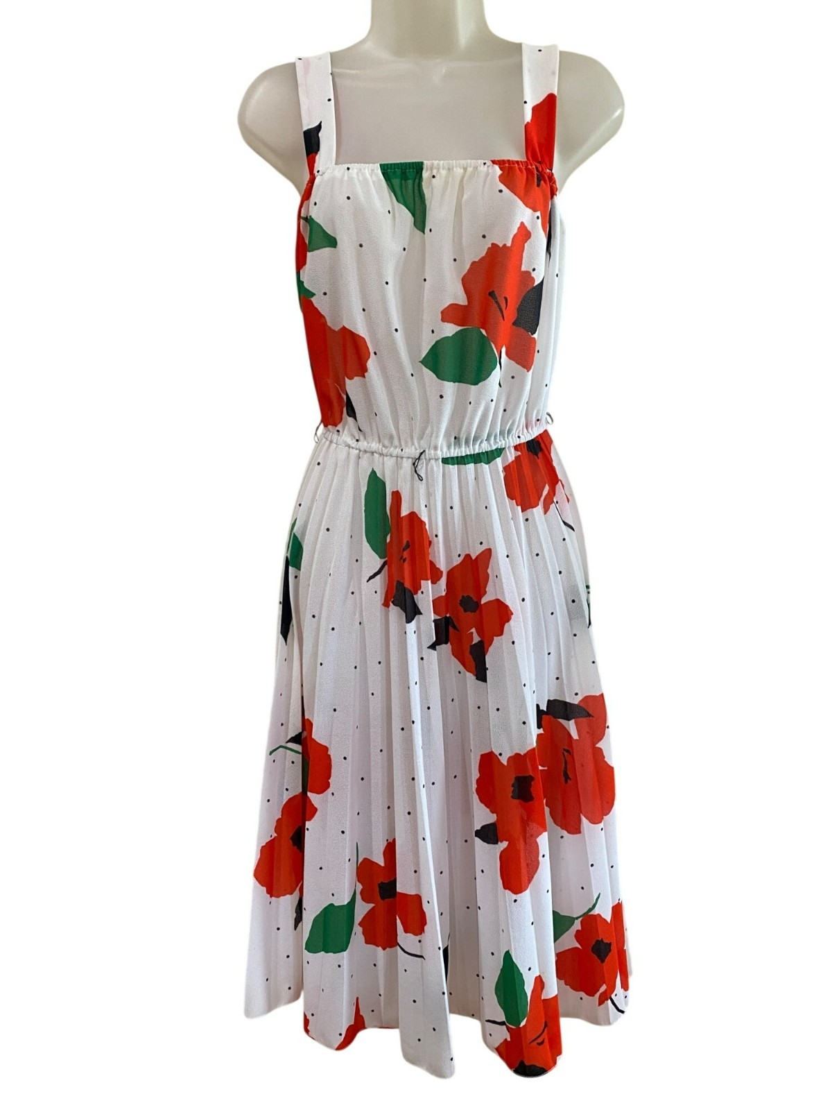 Vintage Haggar’s Women’s Wear Floral Polka Dot Pleated Midi Dress White Red Gree