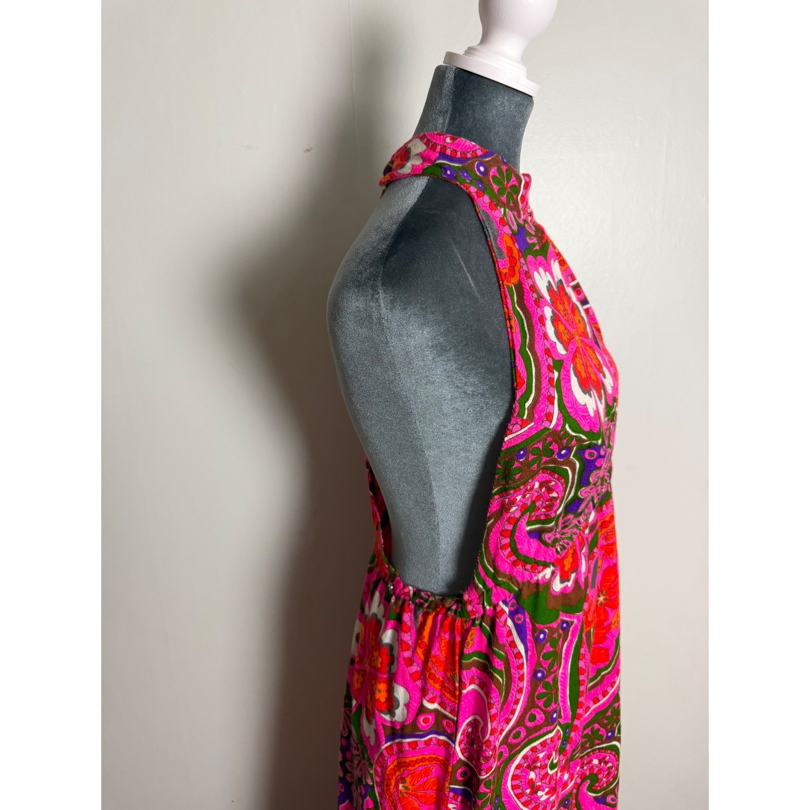 Vintage 70s Psychedelic Paisley Floral Halter Maxi Dress hippie boho 60’s pink