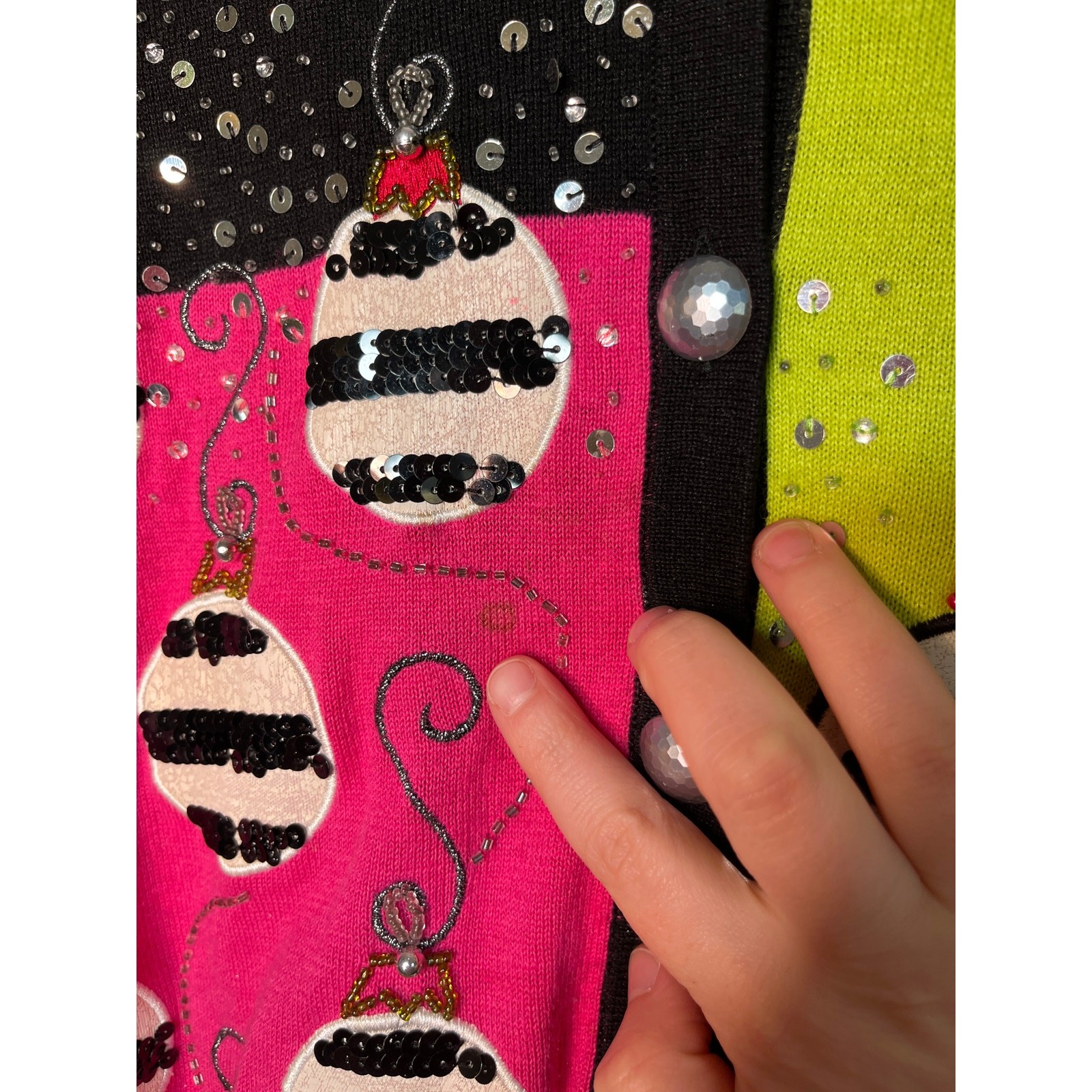 2000s Jack B Quick Pink Lime Green Sequins Bling Christmas Ornaments Cardigan M