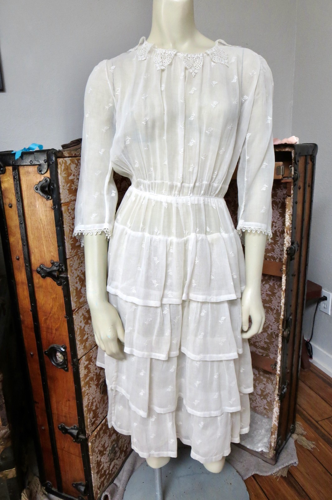 Edwardian White Sheer Cotton Layered Skirt Lace Trim Dress Grape Sprigs 36 Bust