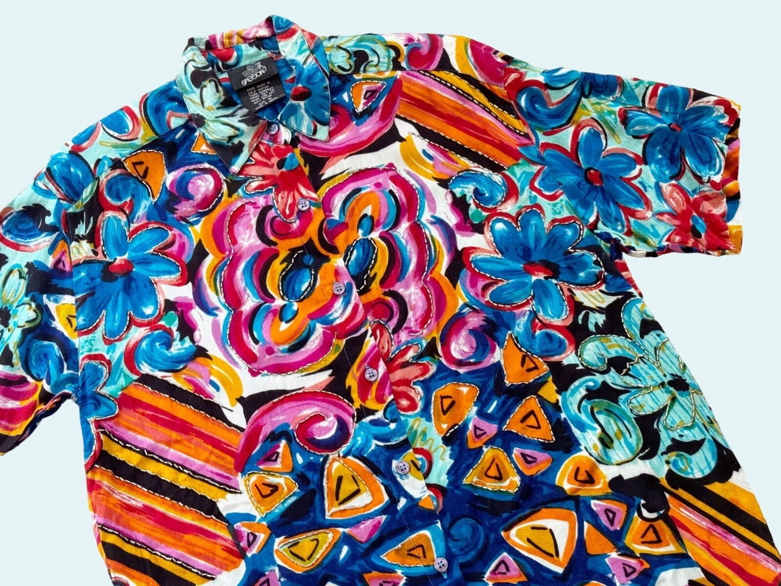 Vintage 80s 90s SASSON Abstract Floral Full Button Blouse Shirt Top Sz M