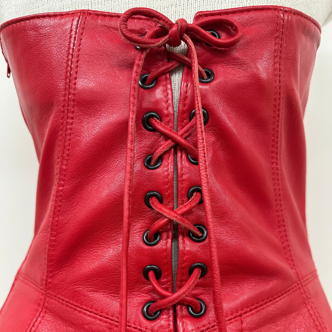 Vintage Michael Hoban Leather 90s Red Strapless Lace Up Dress