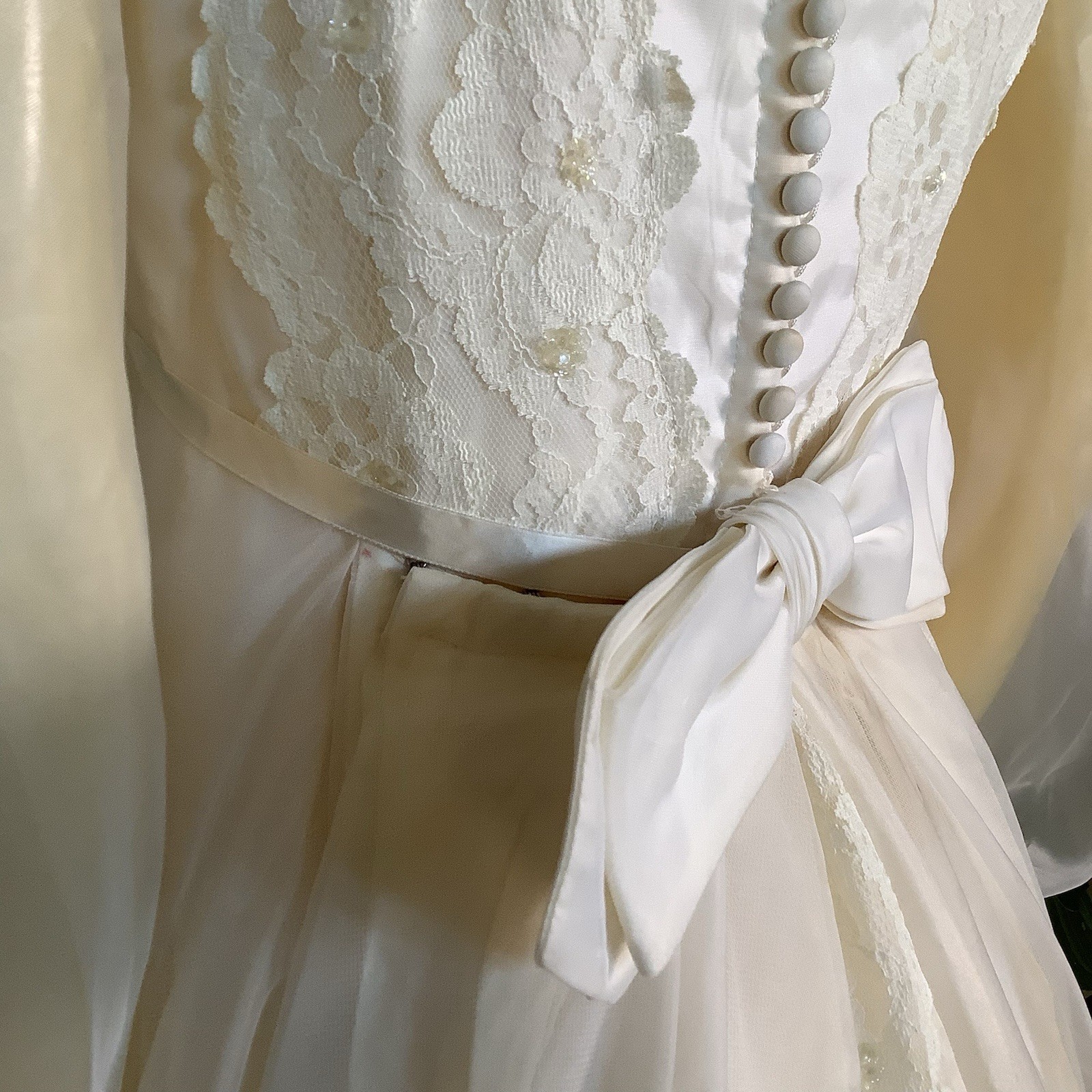 1970s Bridal Originals Regency Inspired Empire Waist Lace Wedding Dress & Train