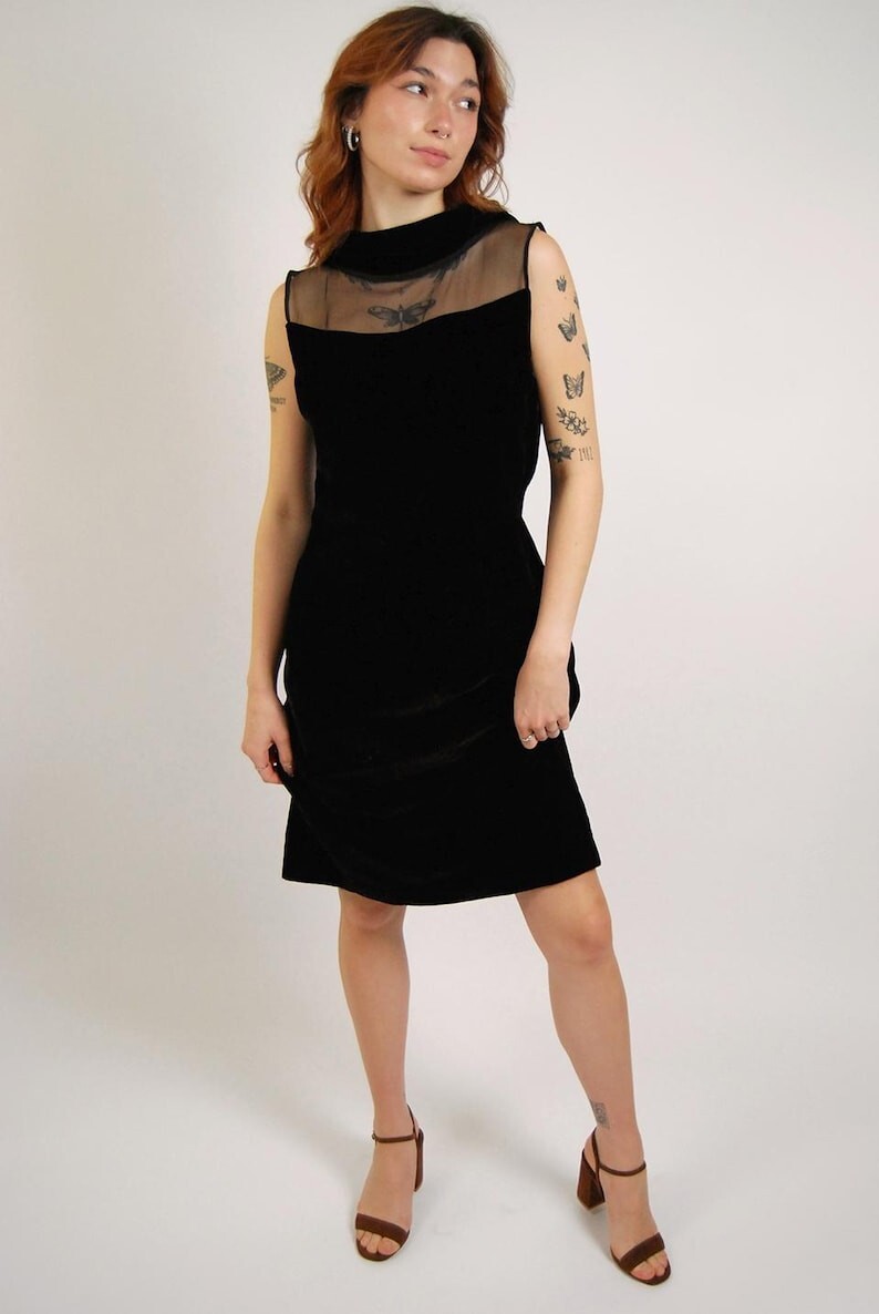 50s Velvet Dress (M) black mesh evening medium sheer cocktail basic minimalist