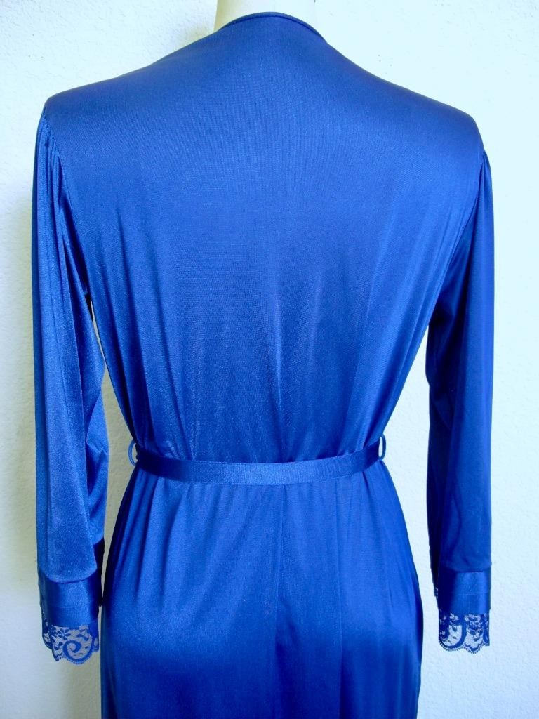 Vintage Gilead Long Silky Nylon Robe w Lace Insertion S Tie Belt Royal Blue
