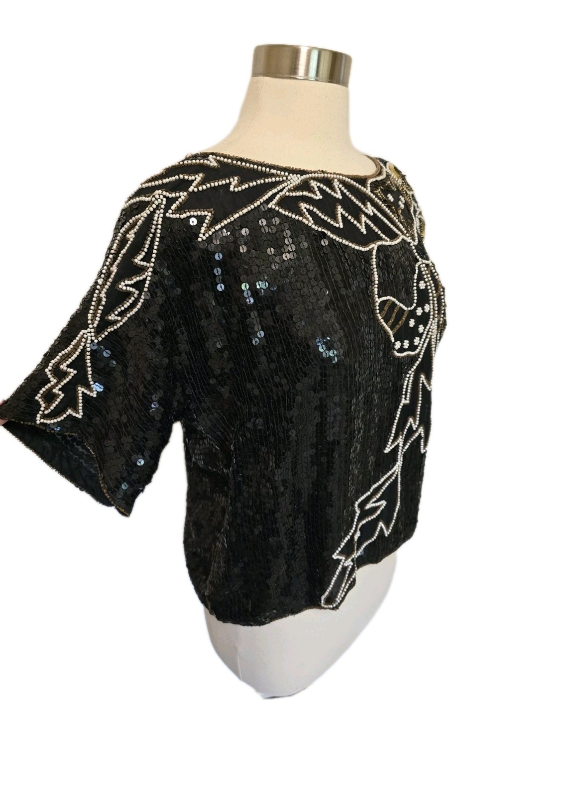 Womens Vintage 100% Silk Blouse Black Beaded Sequins All Over Evening