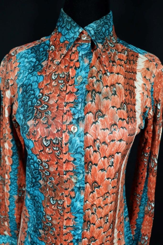 Vintage 1970’s Colorful Silky Poly Feather Print Blouse Size Medium
