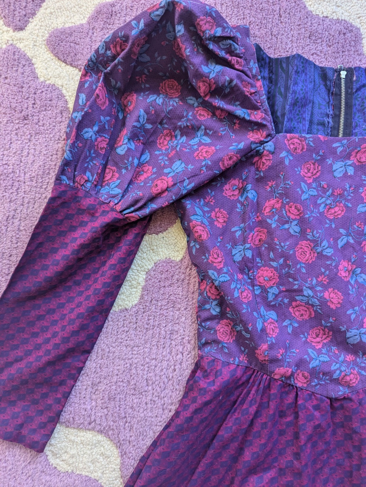 Vintage 70’s 80’s Purple Pink Puff Juliet Sleeves Floral Mini Dress Size Small