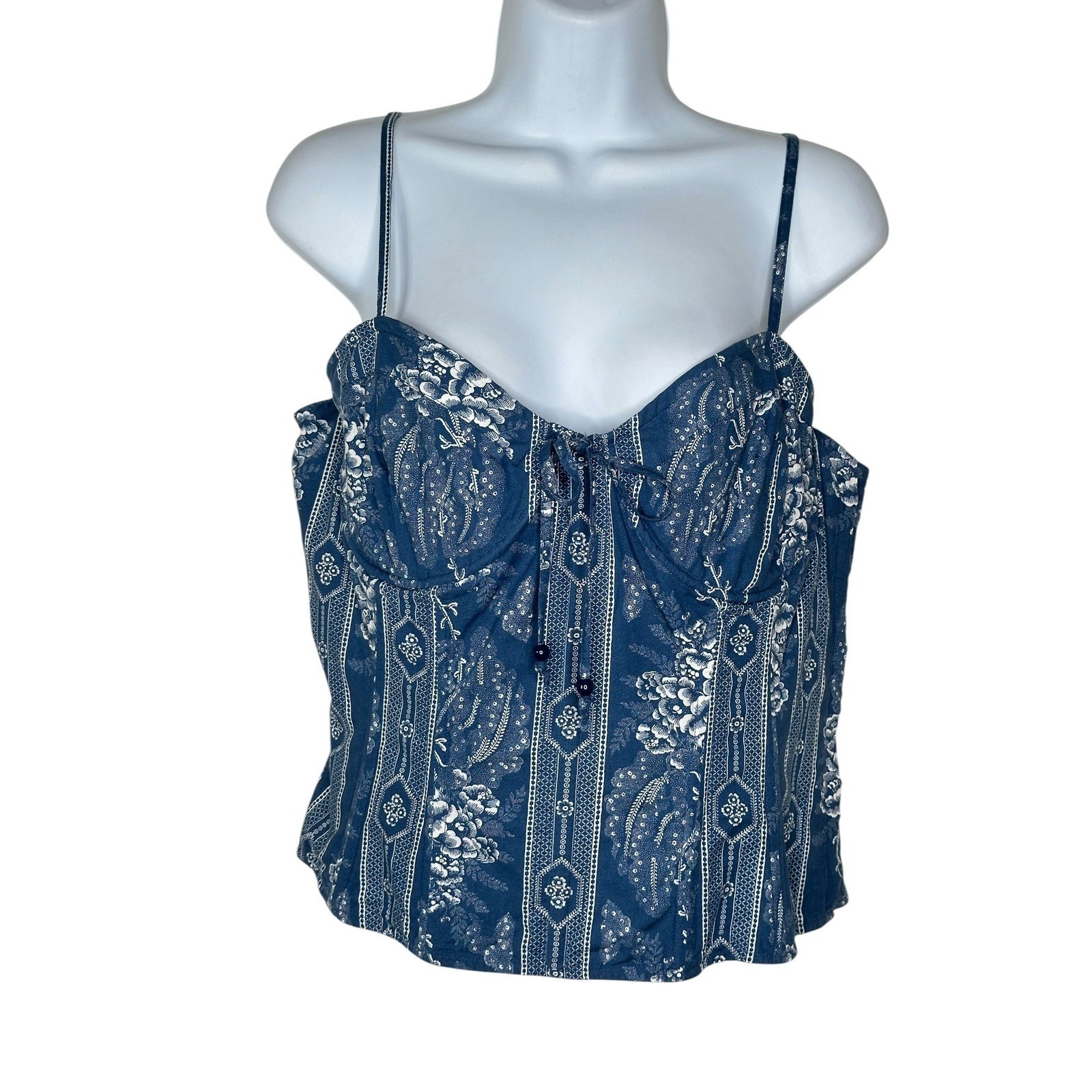 Black Label Ralph Lauren Cami Top 16 Blue Floral Bustier Corset Sweetheart Tie