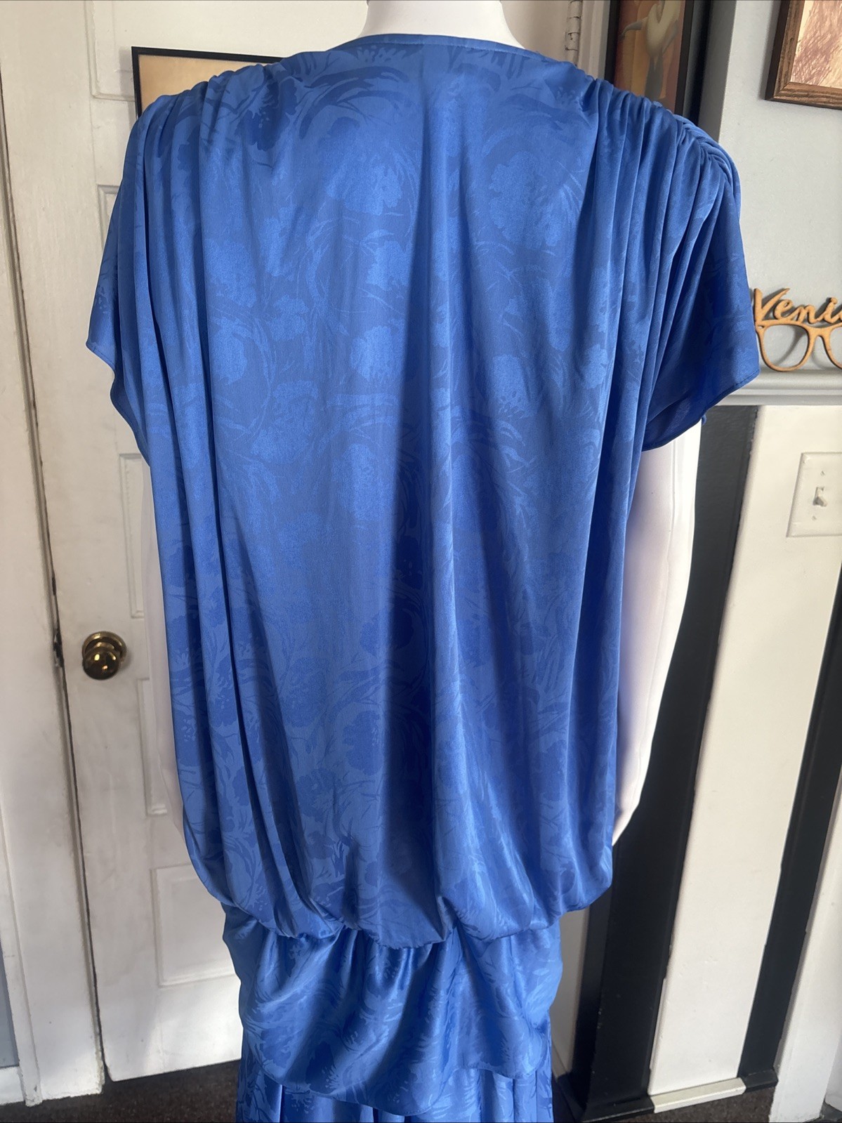 80s RICCARDO Drop Waist Dress Blue Size 16.5 USA made Silky Floral Shoulder Pads
