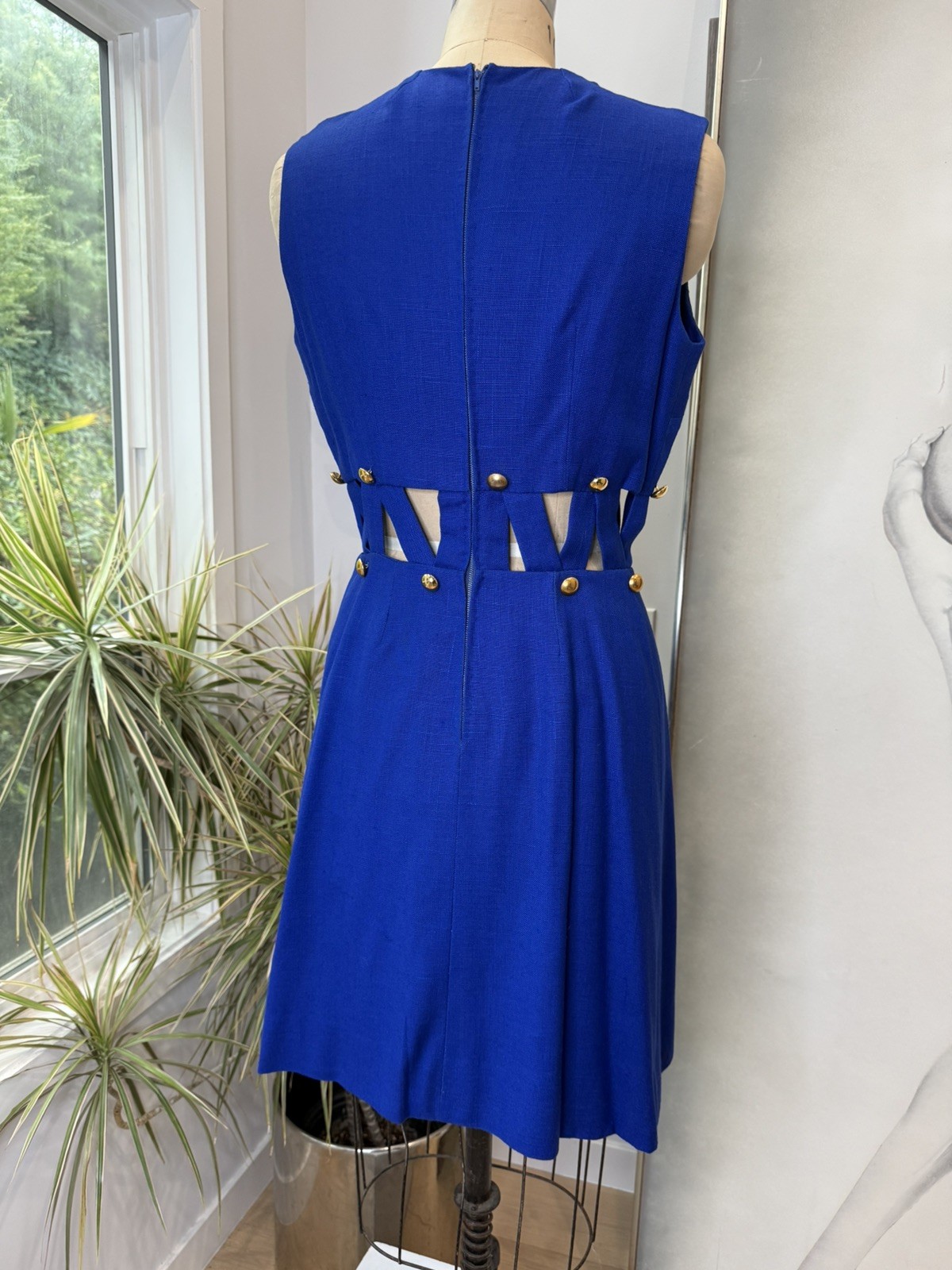 MOD Cut Out Waist Vintage 60s Shift Rayon Linen Dress Cardin Vibe Blue Italy