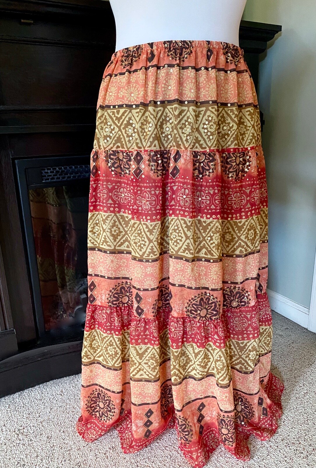 Vintage Long Flowing Colorful Lined Gypsy Boho Skirt, Gold Leaf, Red Peach Aztec
