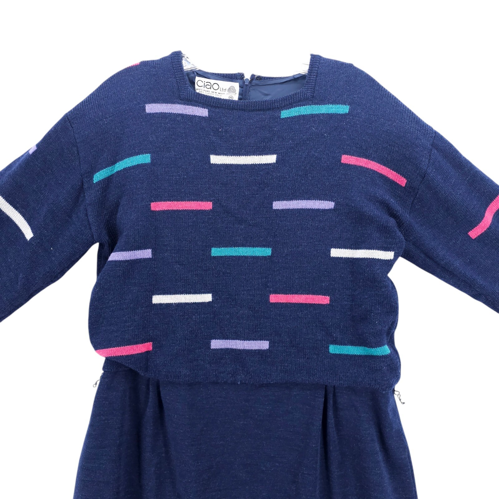 Vintage 80s Ciao Ltd 100% Pure Wool Sweater Dress Blue Size 14