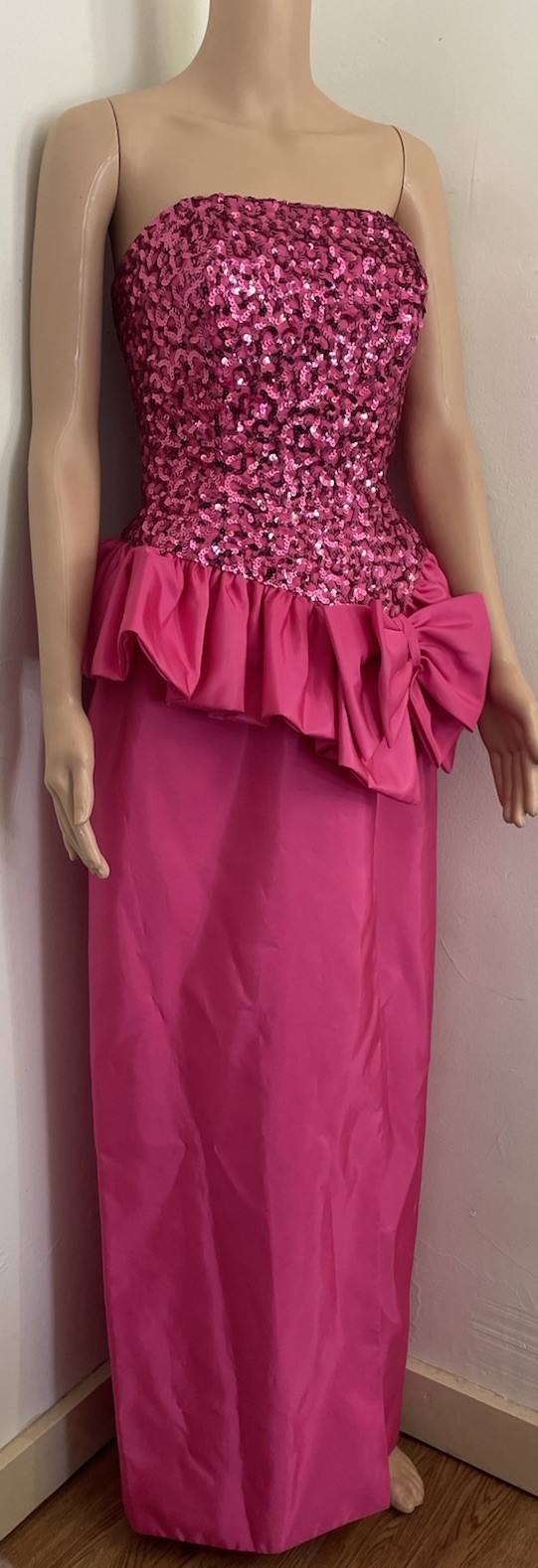 VTG 80s Mike Benet Pink Satin Sequin Strapless Peplum Formal Party Prom Dress