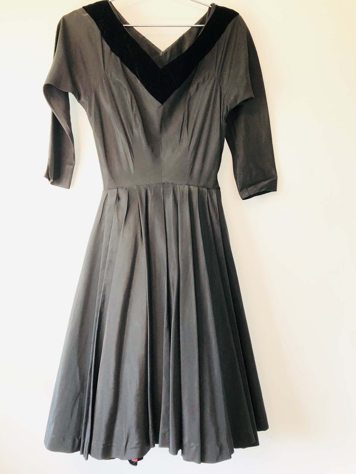 Vintage Authentic Sage Taffeta Black Dress Velvet Neckline Red Crinoline